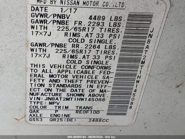 Nissan ROGUE SV 2017 JN8AT2MT1HW145086 Image 9
