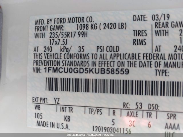 1FMCU0GD5KUB58559 Ford ESCAPE SE