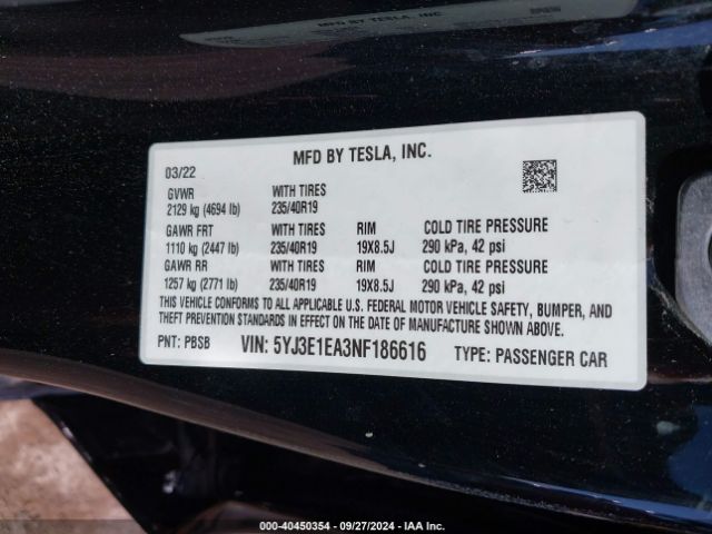 5YJ3E1EA3NF186616 Tesla MODEL 3