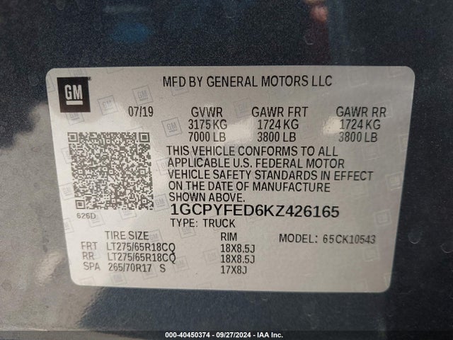 1GCPYFED6KZ426165 Chevrolet Silverado 1500 Lt Trail Boss