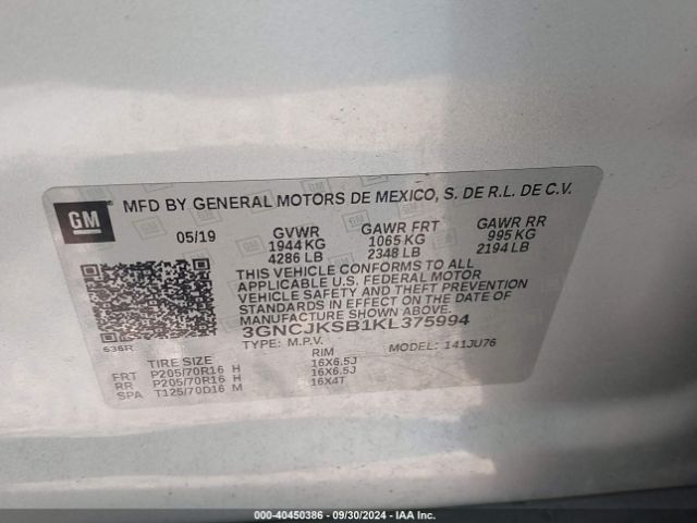 3GNCJKSB1KL375994 Chevrolet TRAX LS