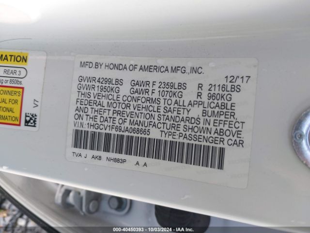 1HGCV1F69JA068665 Honda Accord Ex-l