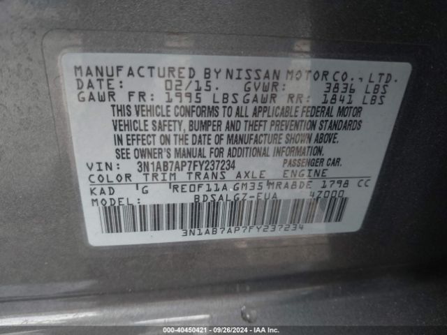 3N1AB7AP7FY237234 Nissan SENTRA SL