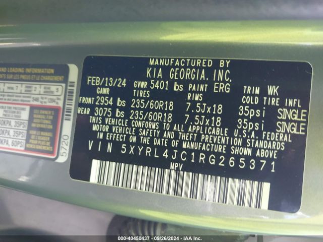 5XYRL4JC1RG265371 KIA SORENTO S