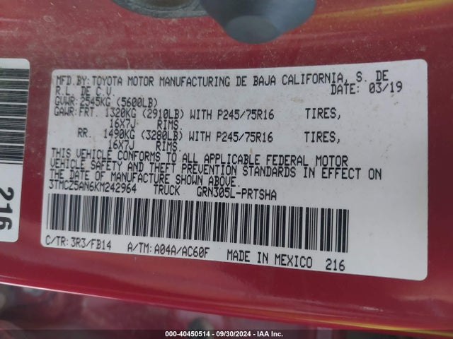3TMCZ5AN6KM242964 Toyota Tacoma Sr V6