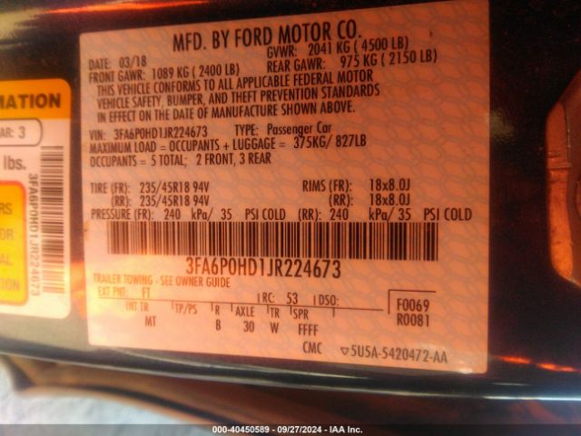 3FA6P0HD1JR224673 Ford FUSION SE
