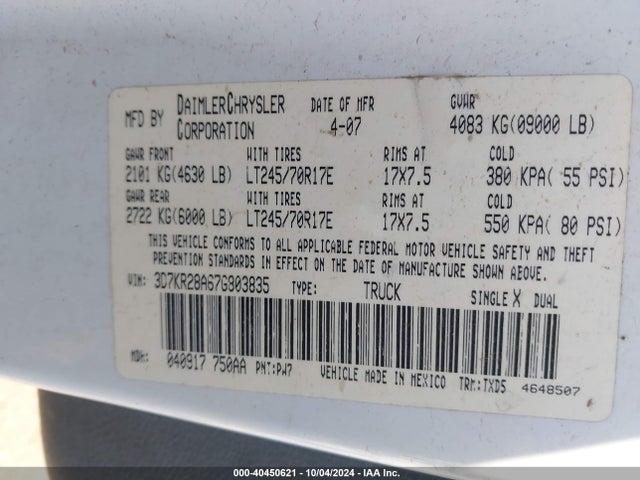 2007 Dodge Ram 2500 St მანქანა იყიდება აუქციონზე, vin: 3D7KR28A67G803835, აუქციონის ნომერი: 40450621
