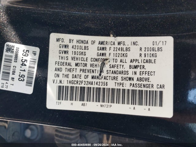Honda ACCORD LX 2017 1HGCR2F32HA142356 Image 9