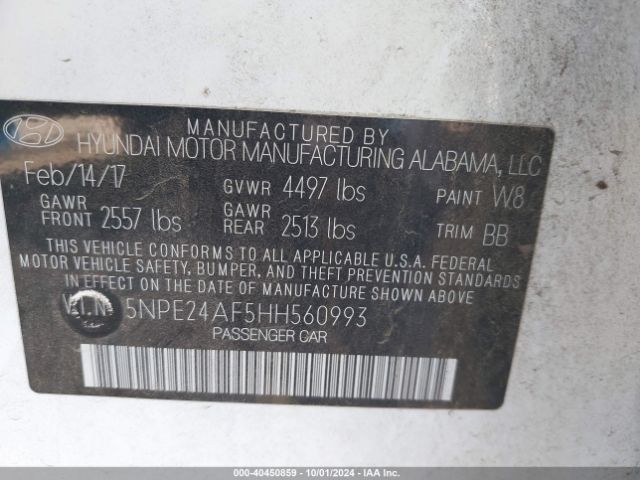 5NPE24AF5HH560993 Hyundai SONATA SE