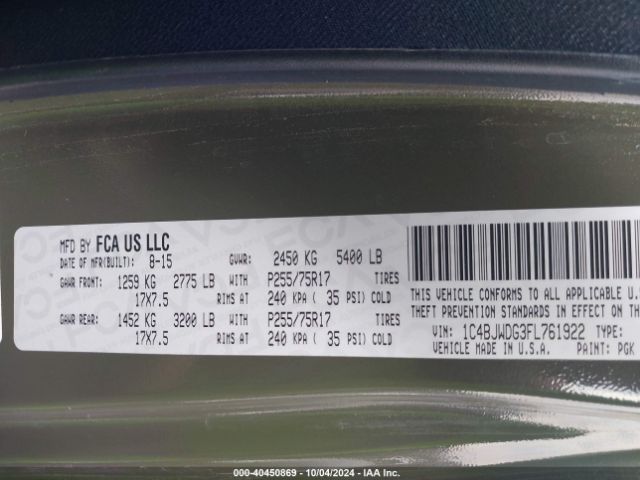1C4BJWDG3FL761922 Jeep Wrangler Unlimited Sport