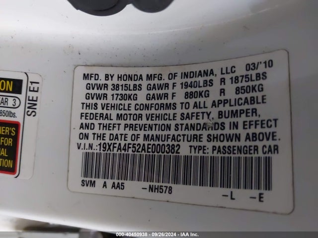 Aukcja sprzedaży 2010 Honda Civic Gx, vin: 19XFA4F52AE000382, numer aukcji: 40450938