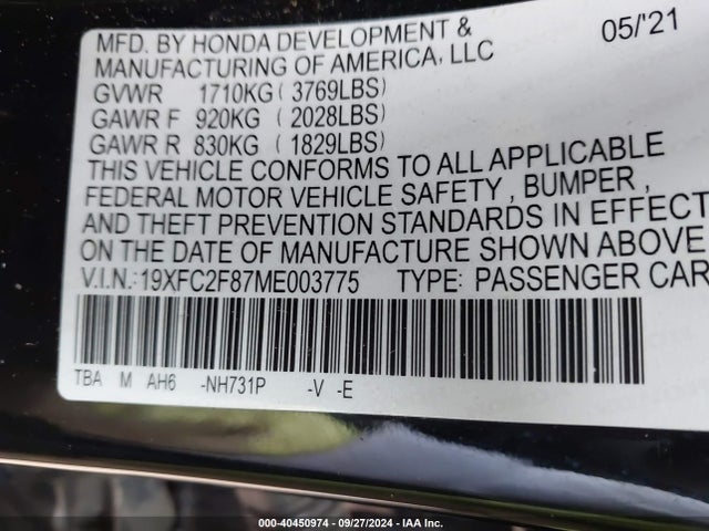 Honda Civic Sport 2021 19XFC2F87ME003775 Image 9