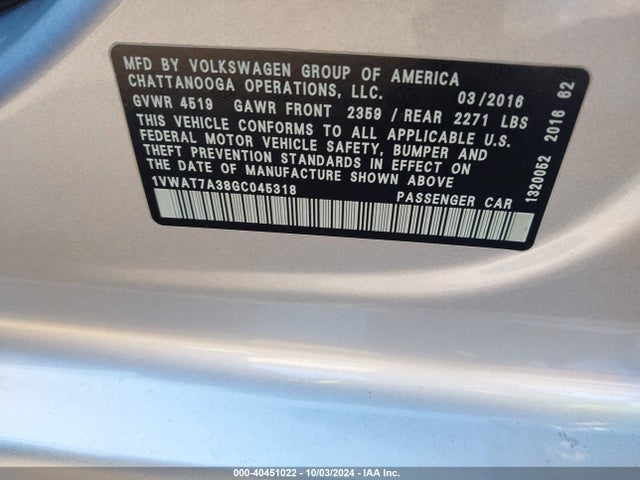 1VWAT7A38GC045318 Volkswagen Passat 1.8t R-line