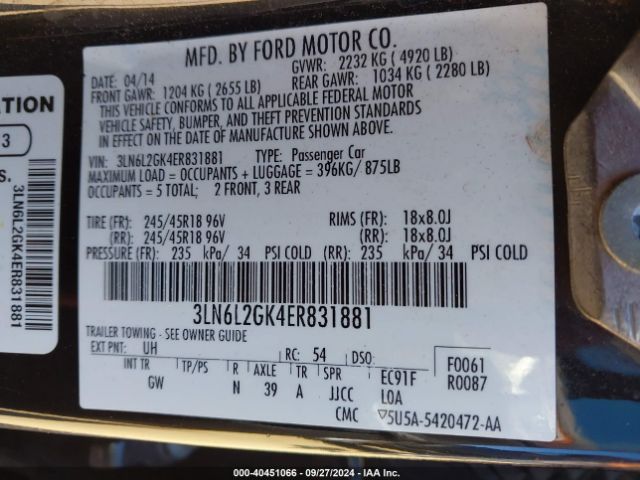 3LN6L2GK4ER831881 Lincoln MKZ