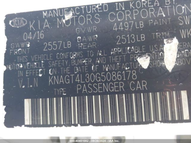 KNAGT4L30G5086178 KIA Optima Lx