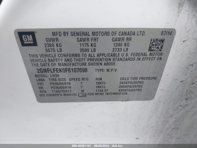 Chevrolet EQUINOX 1LT 2015 2GNFLFEK0F6107698 Image 9