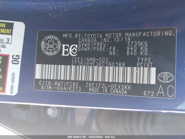 Toyota COROLLA SE 2019 2T1BURHE3KC190189 Image 9
