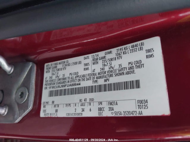 Ford Escape Titanium 2015 1FMCU9J99FUA88644 Image 9