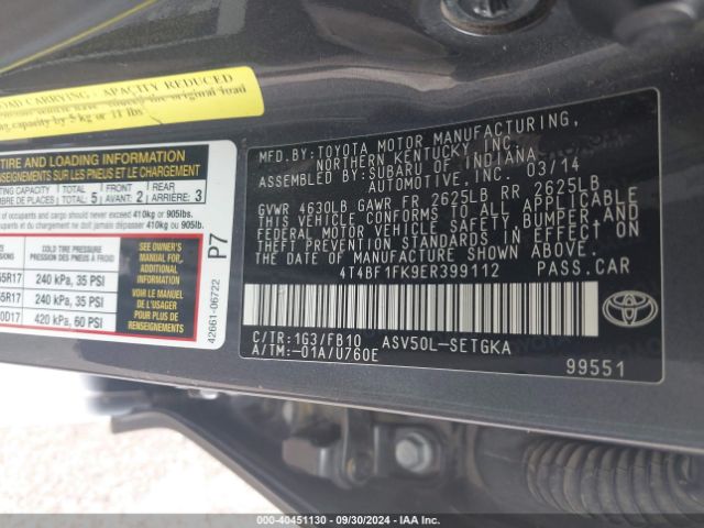 4T4BF1FK9ER399112 Toyota CAMRY XLE