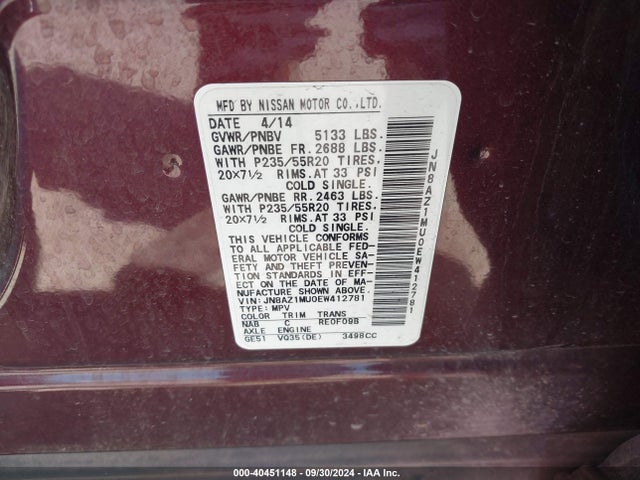 Nissan Murano Le 2014 JN8AZ1MU0EW412781 Image 9