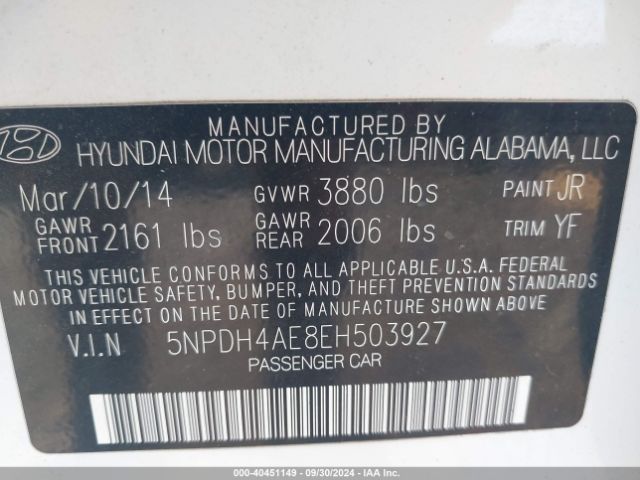 5NPDH4AE8EH503927 Hyundai Elantra Limited
