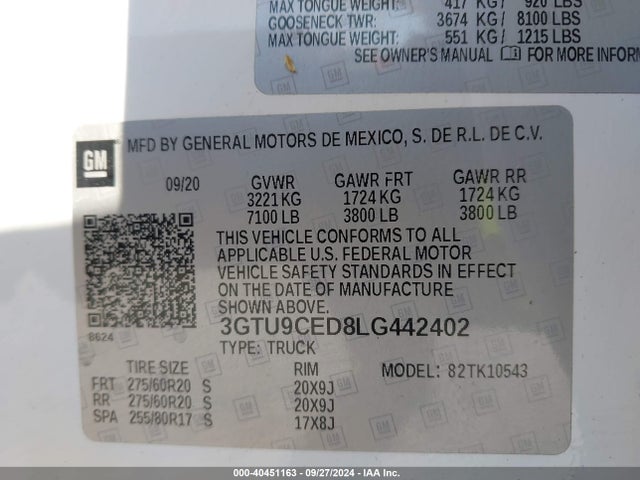 GMC Sierra 1500 4wd  Short Box Elevation 2020 3GTU9CED8LG442402 Image 9