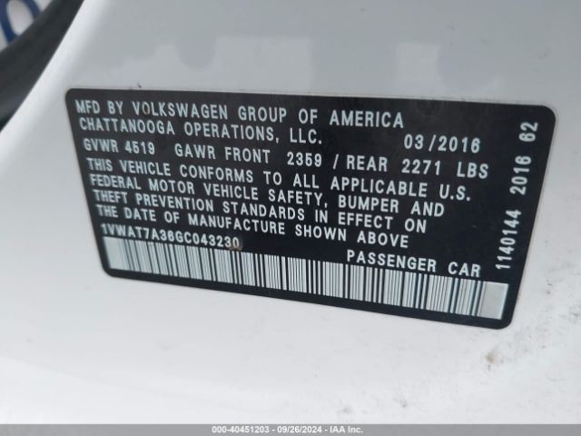 1VWAT7A36GC043230 Volkswagen Passat 1.8t S