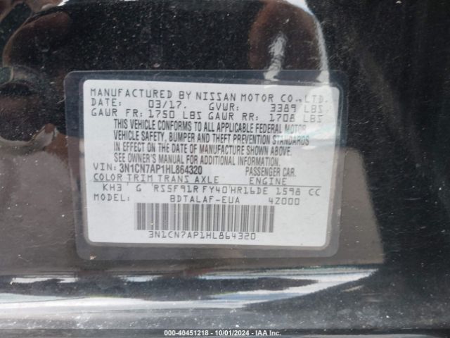 3N1CN7AP1HL864320 Nissan Versa 1.6 S
