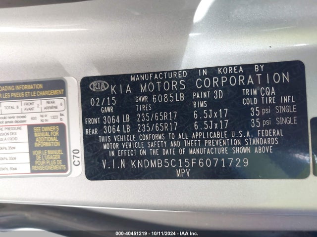 KIA SEDONA LX 2015 KNDMB5C15F6071729 Image 9