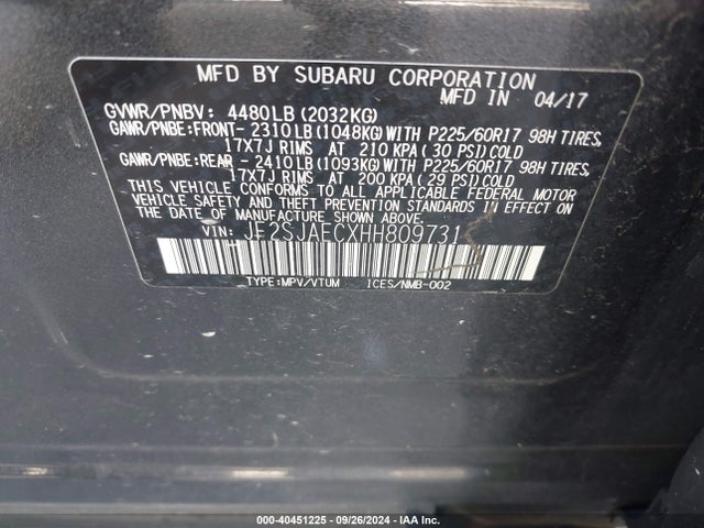 Subaru Forester 2.5i Premium 2017 JF2SJAECXHH809731 Image 9