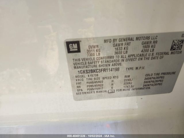 1GKS2BKC3FR114198 GMC YUKON SLT