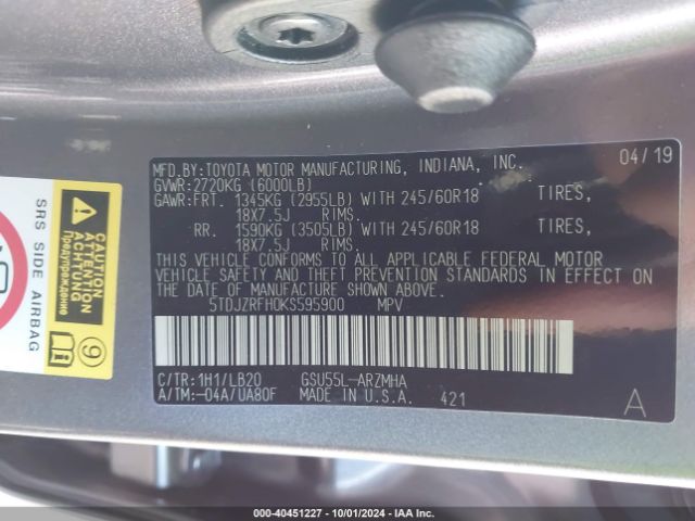5TDJZRFH0KS595900 Toyota Highlander Xle