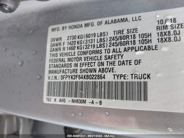 Honda Ridgeline Rtl-t 2019 5FPYK3F64KB022864 Image 9