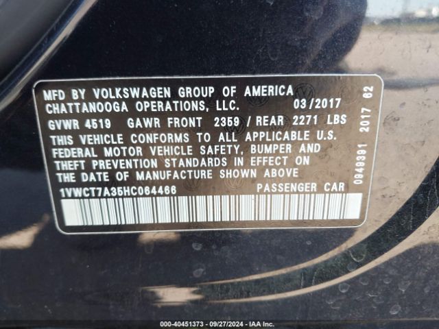 1VWCT7A35HC064466 Volkswagen Passat 1.8t Sel Premium
