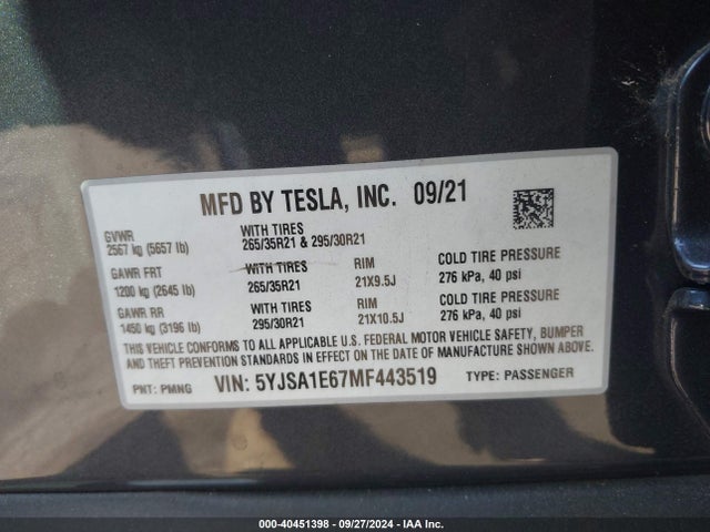 2021 TESLA MODEL S 5YJSA1E67MF443519 Photo 8