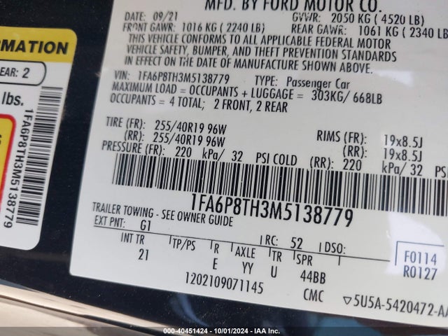 Ford Mustang Ecoboost Fastback 2021 1FA6P8TH3M5138779 Image 9
