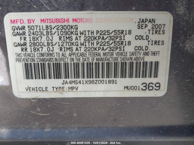 2008 MITSUBISHI OUTLANDER JA4MS41X98Z001891 Photo 8