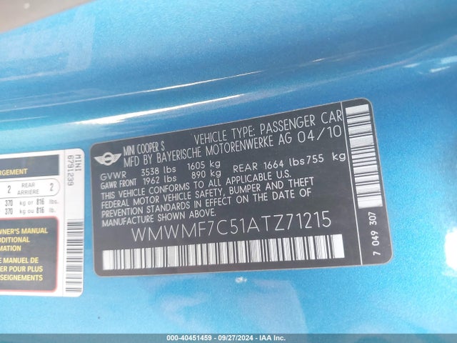2010 MINI COOPER S WMWMF7C51ATZ71215 Photo 8