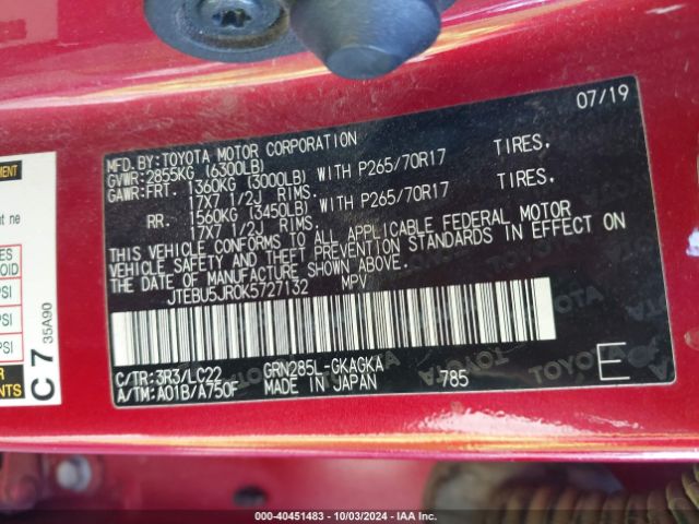 JTEBU5JR0K5727132 Toyota 4runner Trd Off Road Premium