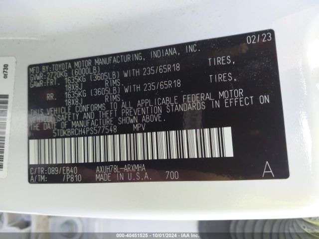5TDKBRCH4PS577548 Toyota Highlander Hybrid Xle