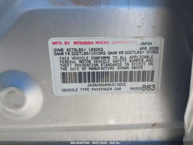 2009 MITSUBISHI LANCER JA3AU86W89U013005 Photo 8