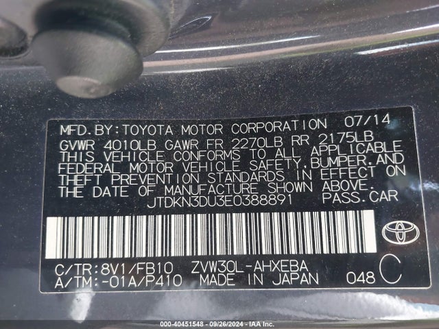 Toyota Prius Three 2014 JTDKN3DU3E0388891 Image 9
