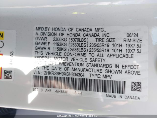 2HKRS6H9XSH804304 Honda Cr-v Hybrid Sport Touring