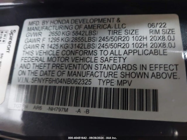 Honda Pilot Awd Elite 2022 5FNYF6H04NB062325 Image 9