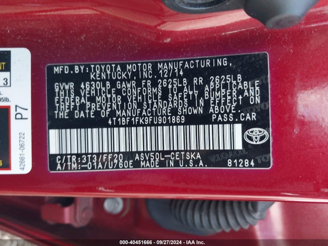 Toyota CAMRY SE 2015 4T1BF1FK9FU901869 Image 9