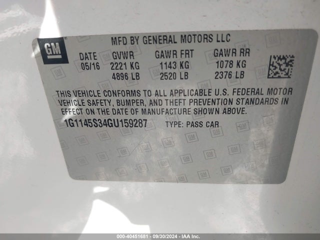 Chevrolet IMPALA 2LZ 2016 1G1145S34GU159287 Image 9