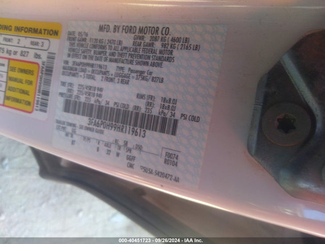 Ford FUSION SE 2017 3FA6P0H99HR119613 Image 9