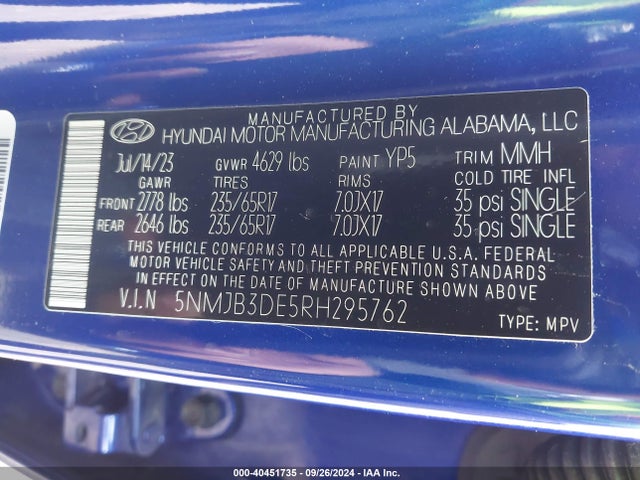 Hyundai TUCSON SEL 2024 5NMJB3DE5RH295762 Image 9