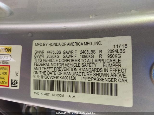 1HGCV2F91KA001320 Honda Accord Touring 2.0t