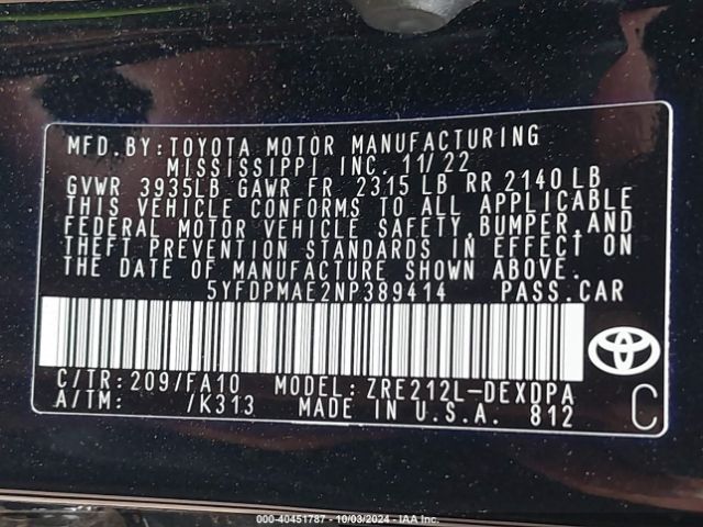 5YFDPMAE2NP389414 Toyota COROLLA L